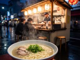 福岡——屋台の灯りと湯気、豚骨ラーメンの深い香り