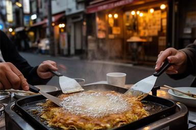 月島のもんじゃ焼き——鉄板の上でぐつぐつと煮えるもんじゃと商店街の庶民的な風景