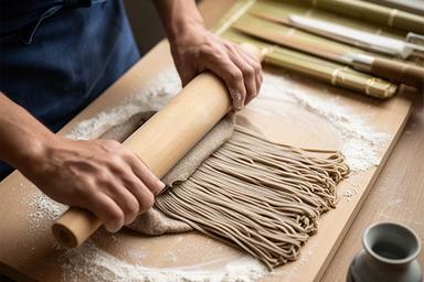 手打ち蕎麦——蕎麦粉をこね、のばし、切る一連の動作